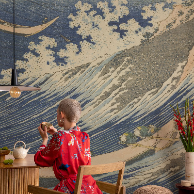Removable wall mural wallpaper with a sea waves design