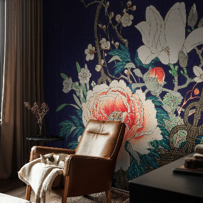 Peel and stick wall mural for living room with a floral basket design