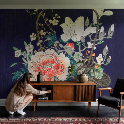 Peel and stick wall mural for living room with a floral basket design