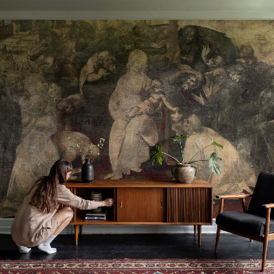 Peel and stick wall mural for kids' room with a whimsical spiritual meeting illustration