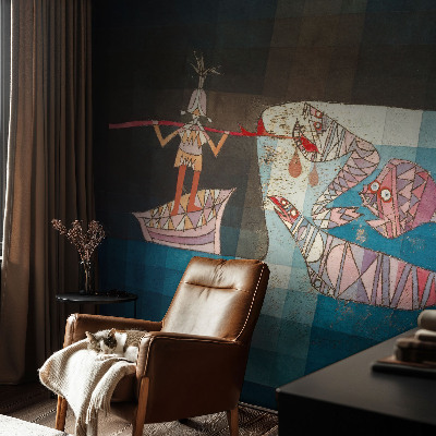 Nursery wall mural with a fisherman and hunting theme