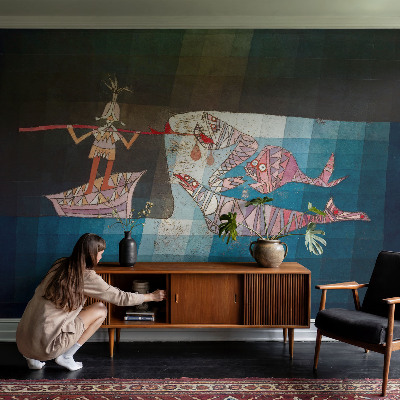 Nursery wall mural with a fisherman and hunting theme