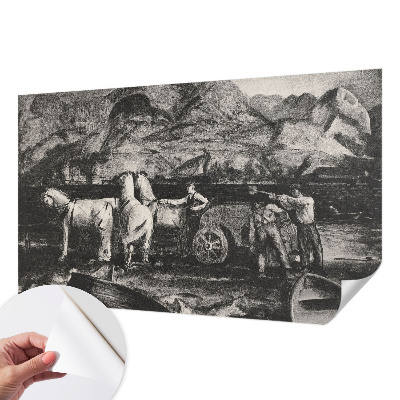 Children's wall mural featuring a village scene
