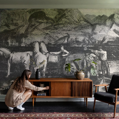 Children's wall mural featuring a village scene