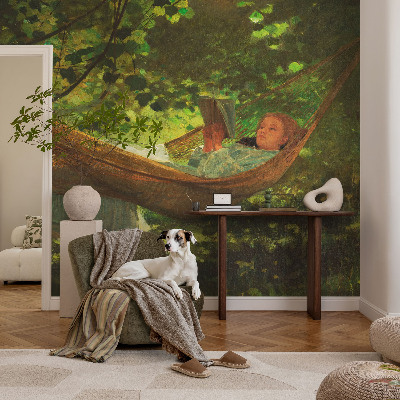 Stick-on wall mural relaxing in a hammock design
