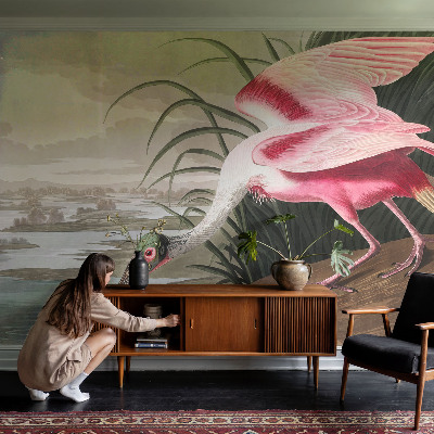 Removable wall mural wallpaper with an exotic bird design