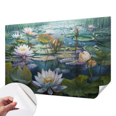 Self-adhesive wall mural with a pond flowers motif