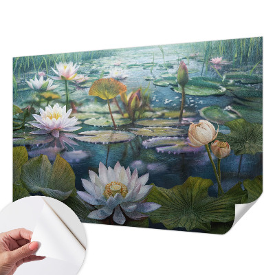 Self-adhesive wall mural with a pond flowers motif