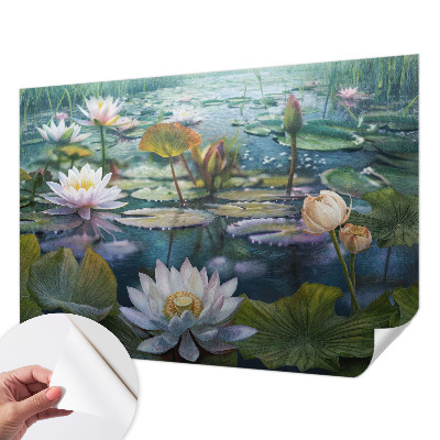 Self-adhesive wall mural with a pond flowers motif