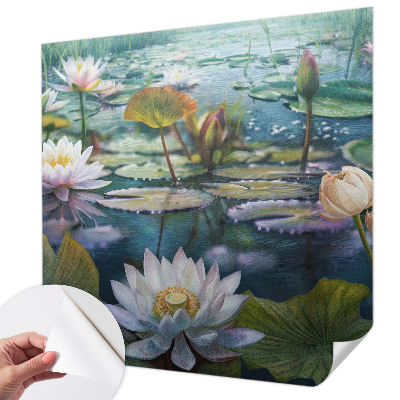 Self-adhesive wall mural with a pond flowers motif