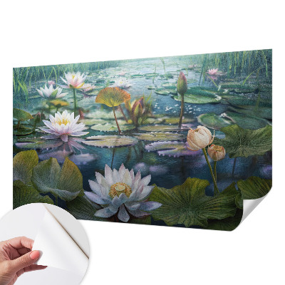 Self-adhesive wall mural with a pond flowers motif
