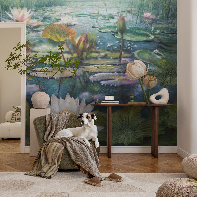 Self-adhesive wall mural with a pond flowers motif
