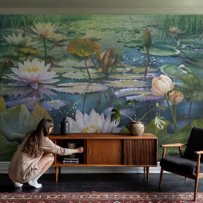 Self-adhesive wall mural with a pond flowers motif