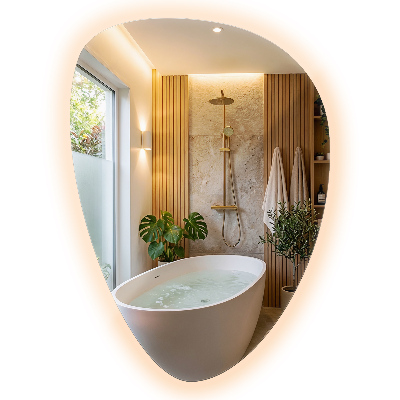 Organic egg-shaped mirror with a backlight feature for wall mounting