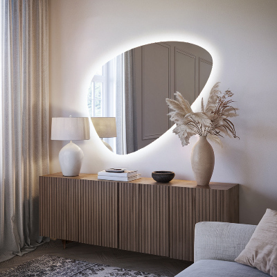 Organic egg-shaped mirror with a backlight feature for wall mounting