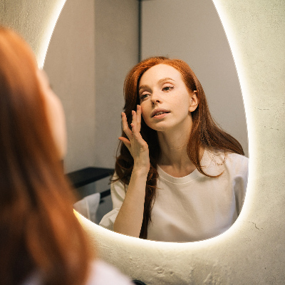 Organic egg-shaped mirror with a backlight feature for wall mounting
