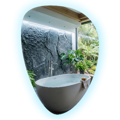 Organic egg-shaped mirror with a backlight feature for wall mounting