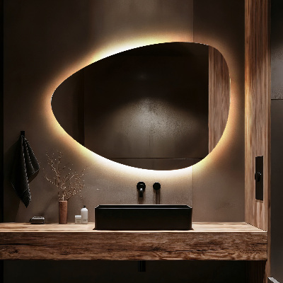Organic egg-shaped mirror with a backlight feature for wall mounting