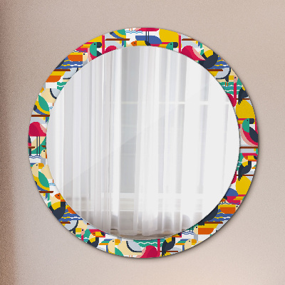 Round decorative wall mirror Geometric tropical birds