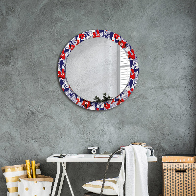 Round decorative wall mirror Philodendron and red flowers