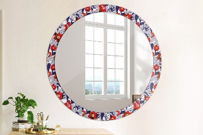 Round decorative wall mirror Philodendron and red flowers