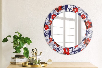 Round decorative wall mirror Philodendron and red flowers