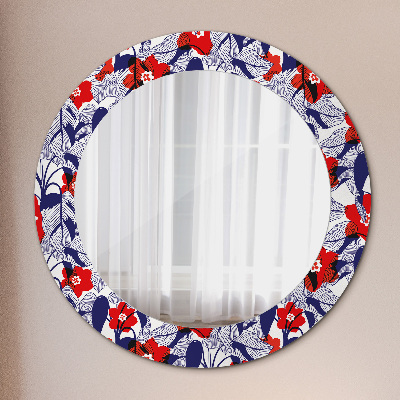 Round decorative wall mirror Philodendron and red flowers