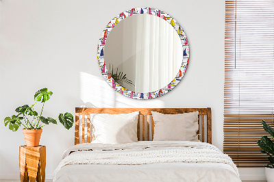 Round mirror decor Boat on the lake