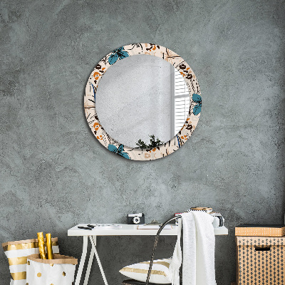 Round decorative wall mirror Flowers with jungle pattern