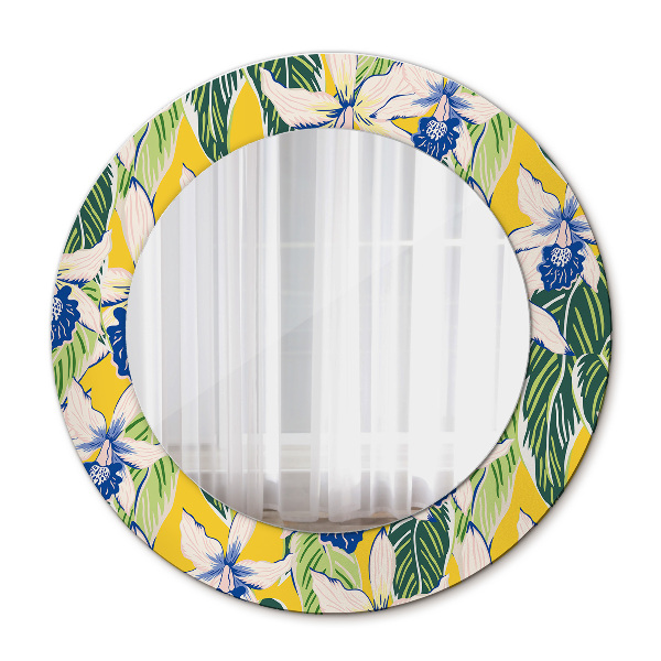 Round decorative wall mirror Blue and yellow orchids