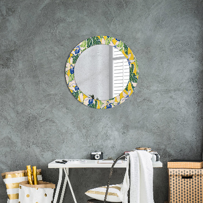 Round decorative wall mirror Blue and yellow orchids