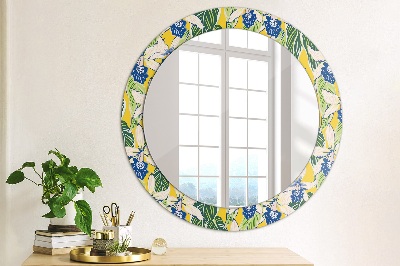 Round decorative wall mirror Blue and yellow orchids