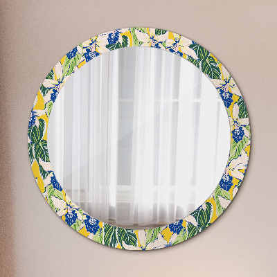 Round decorative wall mirror Blue and yellow orchids