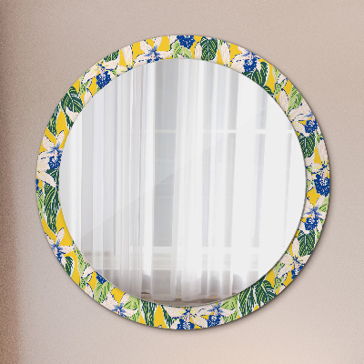 Round decorative wall mirror Blue and yellow orchids