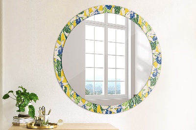 Round decorative wall mirror Blue and yellow orchids