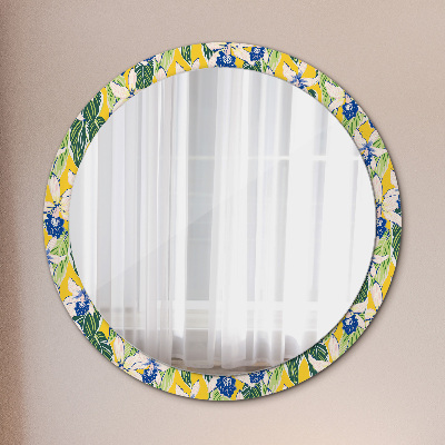 Round decorative wall mirror Blue and yellow orchids