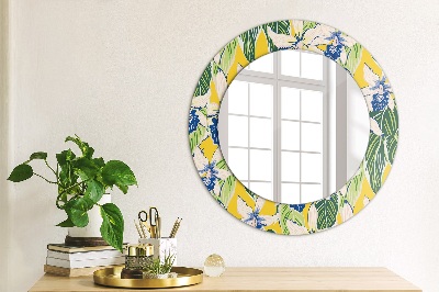 Round decorative wall mirror Blue and yellow orchids