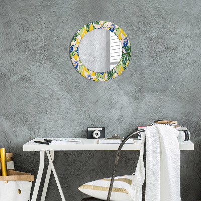 Round decorative wall mirror Blue and yellow orchids