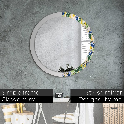 Round decorative wall mirror Blue and yellow orchids