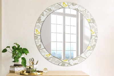 Round decorative wall mirror Yellow birds on branches