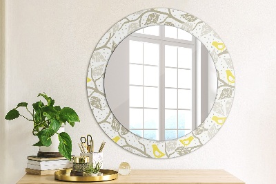 Round decorative wall mirror Yellow birds on branches