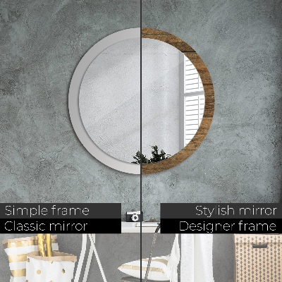 Round mirror printed frame Old wood