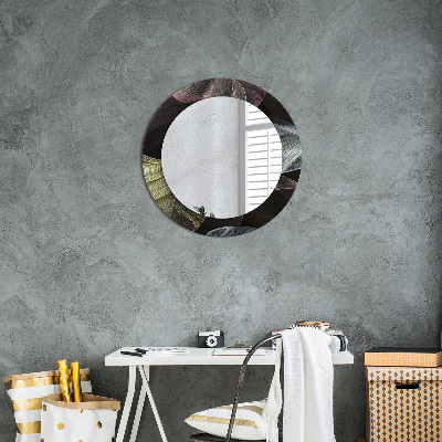 Round decorative wall mirror Dark tropical leaves