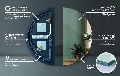 Half moon mirror with LED backlight