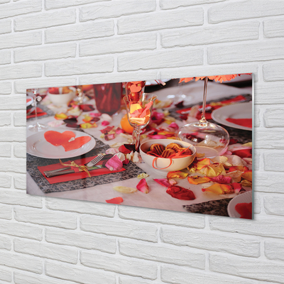 Acrylic print Heart of rose petals glasses dinner
