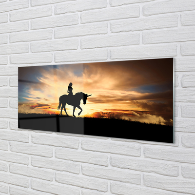 Acrylic print Woman on unicorn sunset sun