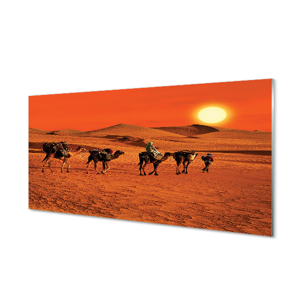 Acrylic print Camels sky sun desert people