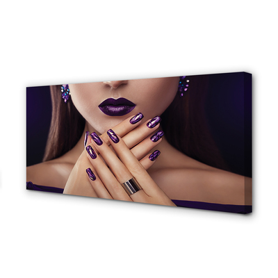 Canvas print Female hands purple lips