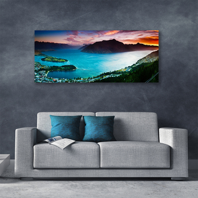 Canvas print Fjord peninsula mountains landscape blue black red