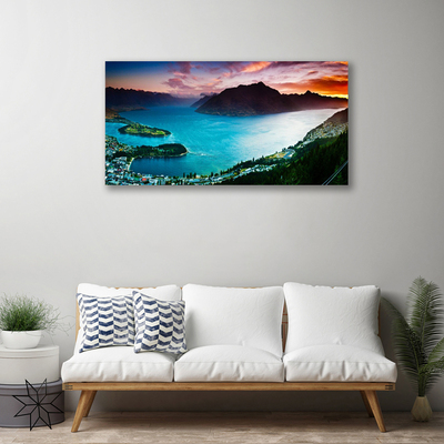 Canvas print Fjord peninsula mountains landscape blue black red